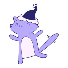 hand drawn line drawing of a dancing cat wearing santa hat