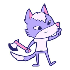 friendly cartoon wolf giving peace sign