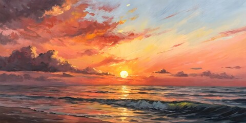 Fototapeta premium Vibrant Sunset Painting Over Ocean with Colorful Clouds and Reflecting Water Art