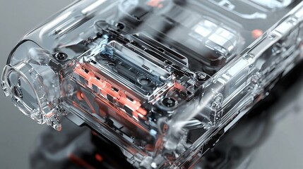 Transparent electric vehicle battery pack showcasing intricate internal architecture and technology