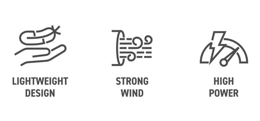 Hair Dryer icons - Strong wind, Lightweight design, High power, in bold line