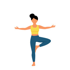 Flat style vector of a woman doing yoga in tree pose with one leg up and arms open. Suitable for wellness, spiritual, and healthy lifestyle conten
