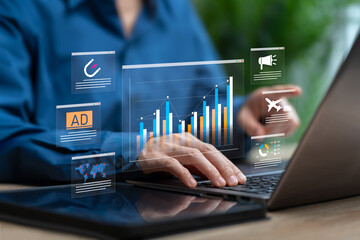 Digital marketing business analyzing growth concept, Businesswomen marketing plan, Analyzing Online Campaign Data, Social media, Export, Commerce online sale advertisement, AD, website, Global network