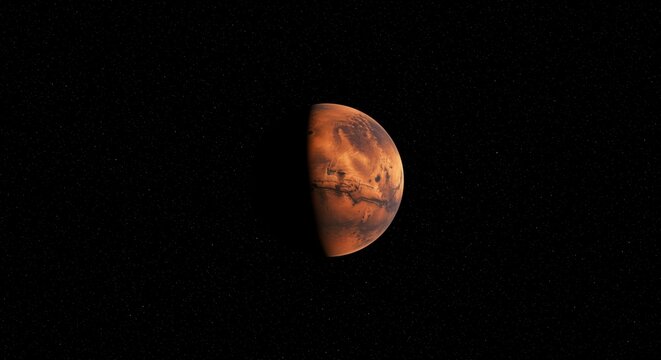 Mars, a reddish planet in space, half-lit