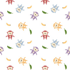 Monkey colorful cartoon so cute. On banana leaf white background. Pattern seamless vector illustration. 