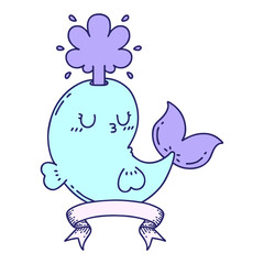 scroll banner with tattoo style happy squirting whale character