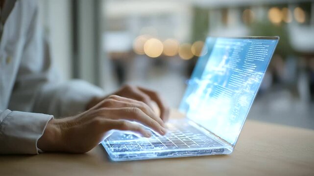 Futuristic home office setup with AVR laptop and holographic keyboard.