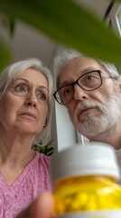 Contemplative Senior Couple Examines Prescription Pills Bottle, Focused on Health, Medication, and Wellness in Their Golden Years of Togetherness