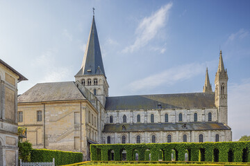 Side view of the abbey church of the Abbey of Saint-Georges in Saint-Martin-de-Boscherville, an oustanding abbey in Normandy near Rouen
