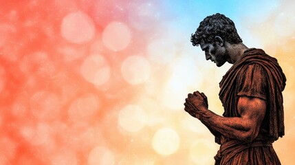 Pixelated Statue of a Praying Man Against a Colorful Bokeh Background