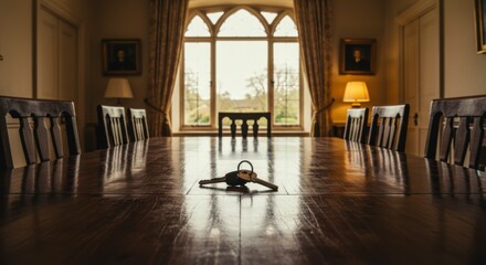 Fototapeta premium A long, polished dining table in a stately home, set for a meal, with a key resting in the center, overlooking a tranquil garden view through a large window