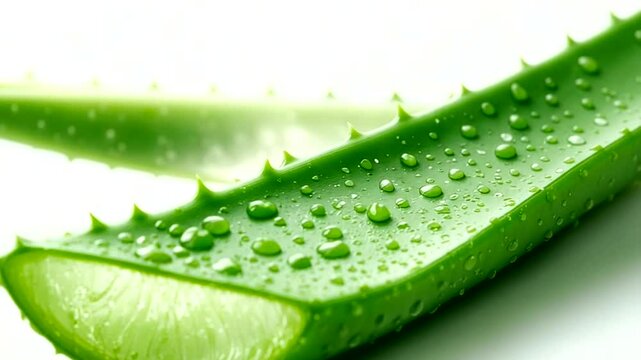 Aloe veras glistening leaf A juicy succulent reveals healing in dewy drops