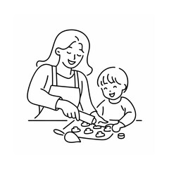 Mom and child baking cookies together line art illustration
