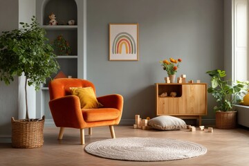 The living room showcases a modern and cozy interior with an orange armchair, wooden furniture, plants, and a comfortable seating area. The neutral color scheme creates a calm and inviting space.