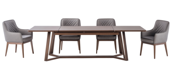 Contemporary dining table with sleek wood frame and four cushioned grey chairs, ideal for home dining room setups, modern furniture catalogs, minimalist lifestyle promotions