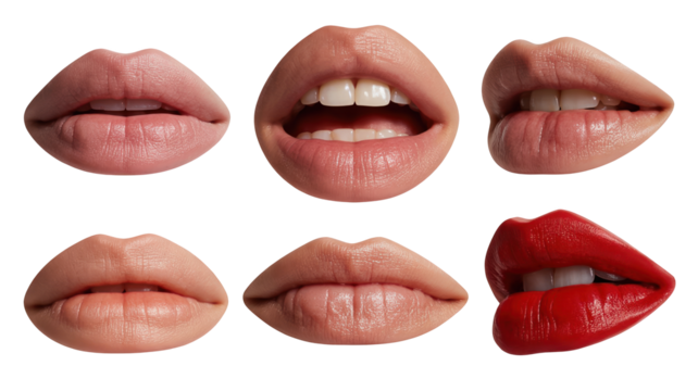Six isolated images of glossy female lips expressing various emotions, including happiness, anger, sadness, and seduction, perfect for beauty, cosmetics, and communication projects