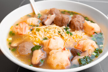 angle view bowl of ChaoZhou beef offal and various seafood ingredients at horizontal composition