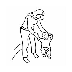 Mother helping baby take first steps line art illustration
