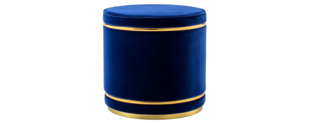 Luxurious blue velvet round ottoman with gold trim. Modern glam footstool or vanity stool for bedroom, living room, or dressing area. Elegant accent furniture isolated on white