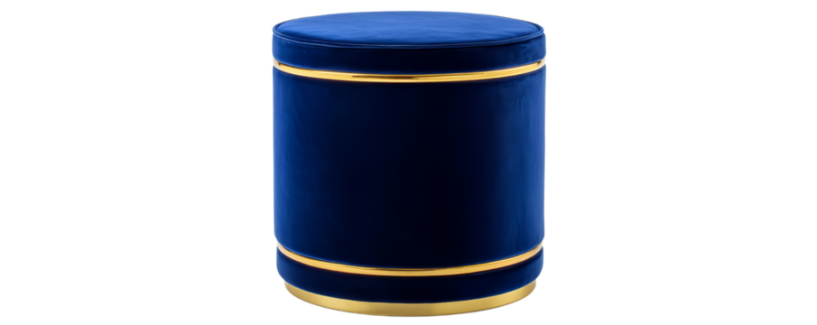 Luxurious blue velvet round ottoman with gold trim. Modern glam footstool or vanity stool for bedroom, living room, or dressing area. Elegant accent furniture isolated on white