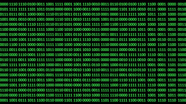 Blinking 0s and 1s in a digital matrix, simulating a binary code rain on a black background &ndash; ideal for depicting cyberspace, computing tasks, and tech visuals