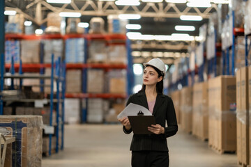 Businesswoman wearing hard hat and holding paperwork while inspecting inventory in a large warehouse. Professional woman in logistics and supply chain management.