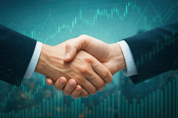 Close-up of two businessmen shaking hands with a digital background of financial charts, symbolizing economic agreement, partnership, and growth.