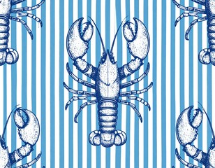 Nautical Lobster Pattern Blue Striped Background with Crustacean Illustrations