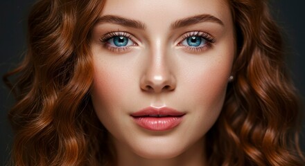 Fototapeta premium Close-up portrait of a young woman with vibrant red, wavy hair and striking blue eyes. Her complexion is flawless and makeup is minimal