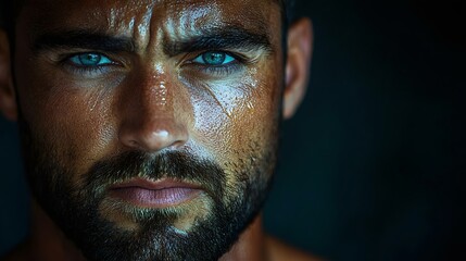 Close-up portrait of a man with blue eyes and a rugged beard, glistening skin in dramatic lighting, showcasing intense expression and detail.