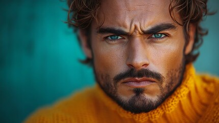 Obraz premium Close-up portrait of a man with a serious expression, wearing a yellow sweater. His striking blue eyes and facial hair create a captivating image.
