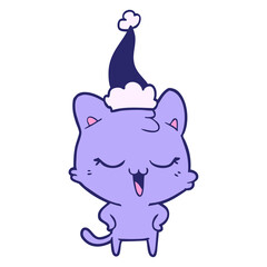 happy hand drawn line drawing of a cat wearing santa hat