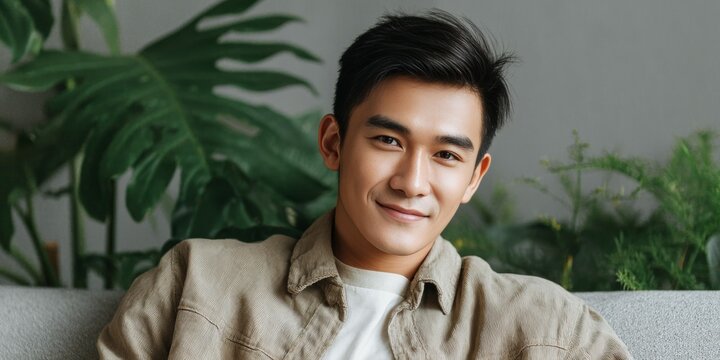 Young male with a friendly expression posing in front of plants.