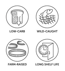 Fish can icons - Low-carb, Wild-caught, Farm-raised, Long shell life, in thin line and circle shape