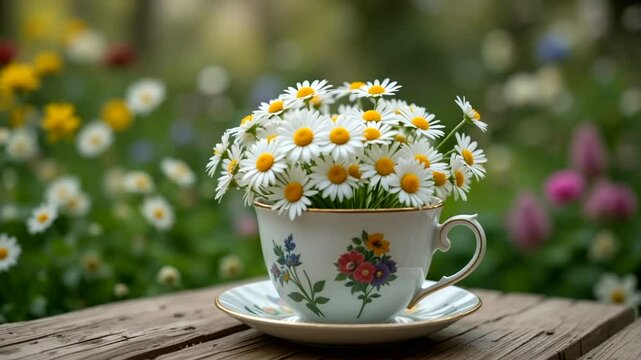 Daisies burst from an ornate teacup on a weathered table a meadows gentle colors behind