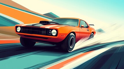 Obraz premium Orange muscle car speeding on a vibrant track