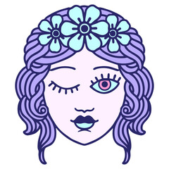 tattoo in traditional style of a maidens face winking