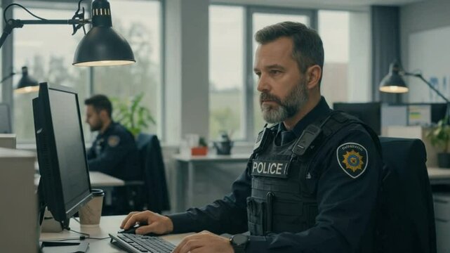 Mature police officer in tactical uniform working on computer at modern office desk