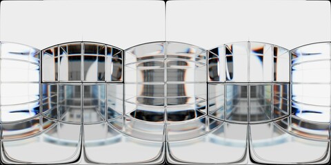 HDRI. High-resolution 3D render of reflective curved glass panels in a grid layout.mirrored structure creates a futuristic, clean, and architectural ambiance, perfect for sci-fi or modern backgrounds.