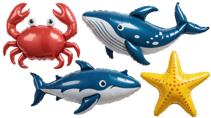 Four colorful inflatable sea creature balloons, a red crab, a blue whale, a blue shark, and a yellow starfish, are floating against a transparent background, creating a fun and festive atmosphere