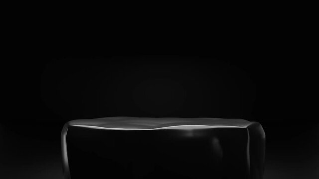 Dark black rock podium for product show case, for cosmetic product display stand with minimalist black background and soft lighting and shadows, modern architectural backdrop, 3d rendering