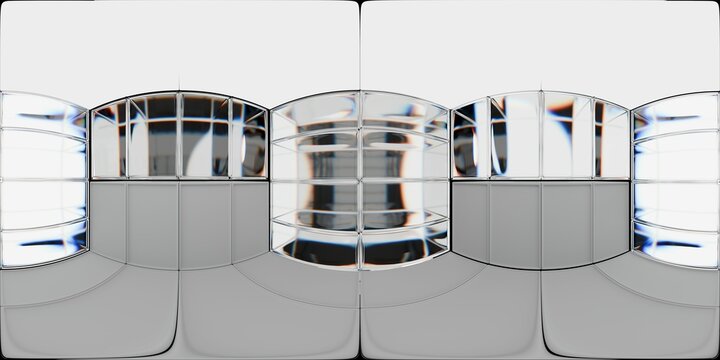 HDRI map, Abstract 3D surface with smooth white and transparent curved panels. Glossy reflections create a futuristic, architectural vibe. Ideal for sci-fi, technology, or design visualization