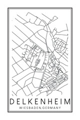 Hand drawn printable downtown road map poster of borough DELKENHEIM of the German city of WIESBADEN on solid white background with city name