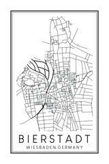 Hand drawn printable downtown road map poster of borough BIERSTADT of the German city of WIESBADEN on solid white background with city name