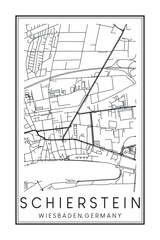 Hand drawn printable downtown road map poster of borough SCHIERSTEIN of the German city of WIESBADEN on solid white background with city name
