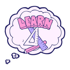 freehand drawn thought bubble cartoon pencil and ruler under Learn symbol