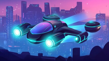 Futuristic flying car soaring over a vibrant cityscape at night