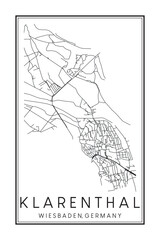 Hand drawn printable downtown road map poster of borough KLARENTHAL of the German city of WIESBADEN on solid white background with city name