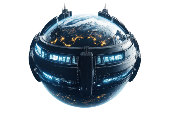 Futuristic Earth-shaped digital globe with illuminated continents and city lights at night displaying advanced technology and global connectivity concept - Powered by Adobe
