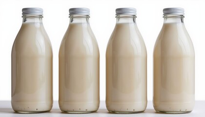 Four Glass Bottles Filled with Creamy Milk Isolated on White Background Perfect for Dairy Product Advertising
